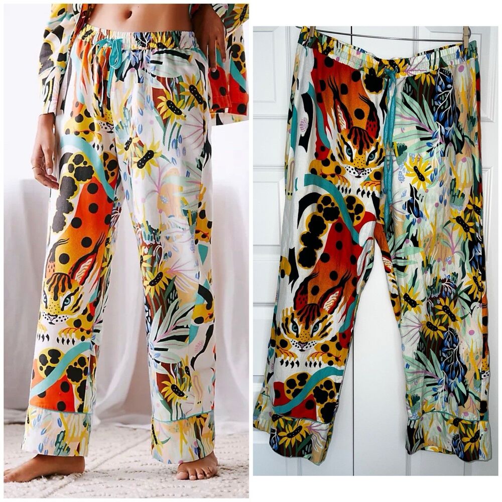 Marcos Navarro X Anthropologie Flannel Sleep Pants Large Tiger Jungle Print EUC!